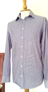 M&S PURE COTTON LONG SLEEVE STRIPE LARGE NAVY BLUE STRIPEY SHIRT - Picture 1 of 5