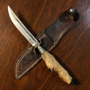 Vintage 50s Edge Brand Solingen Germany Stag Deer Hoof Knife & Leather Sheath - Picture 1 of 16