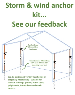 Polytunnel Poly Tunnel Wind Storm Tie Down Anchor Strap Kit pegs Gazebo Marquee