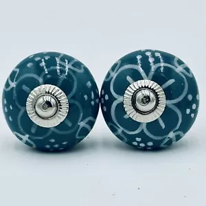 2 Porcelain Ceramic Aqua & White Drawer Cabinet Door Knobs Handle Pulls - Picture 1 of 5