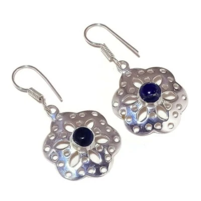 Blue Onyx Cabochon Gemstone Silver Overlay Handmade Flower Filigree Earrings - Image 1 of 3