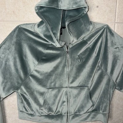 Chaqueta Victoria's Secret On Point para mujer de terciopelo verde azulado con cremallera completa talla mediana LINDA Foto 1 de 4