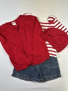 Janie And Jack Gymboree Ragazze Lotto (4) Pantaloncini Denim Top Cardigan Cappello Tg 3T Usato in Ottime Condizioni - Foto 1 di 13