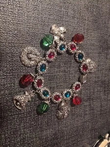 Christmas Charm Bracelet Santa Wreath Bell Angel - Silver, Green & Red - Picture 1 of 5