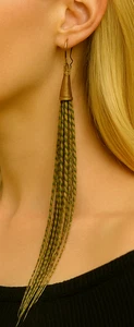 Feather Earrings Extra Long Barred Olive Hackle gold cone - Picture 1 of 5