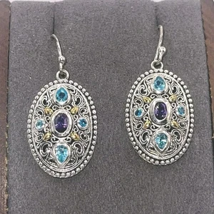 Sterling Silver 925 Filigree Oval Dangle Earrings Amethyst Blue Topaz Look - Picture 1 of 11