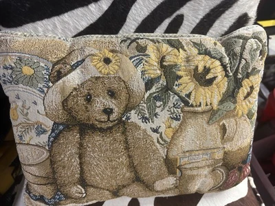 Tapestry Teddy Bear Pillow Debbie Cook Fashion Country Lumbar Pillow 17x12 EUC - Image 1 of 3