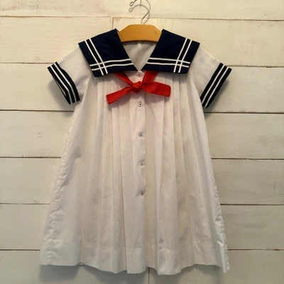Size 6 Girls Vintage 70's Sailor Dress Ance K White Navy Collar Red Tie Pleated - Image 1 of 4