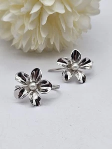 Sterling Silver Flower Earrings With Faux Pearl. Hook Fastening For Peirced Ears - Picture 1 of 9