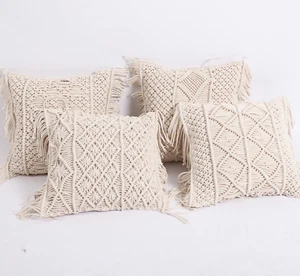 Macrame boho knitted pillow cover, handmade bohemian cotton decorative cushion - Picture 1 of 6