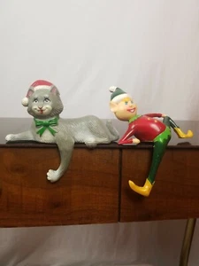 Two Vintage Christmas Shelf Sitters Sun Hill Industries Hong Kong Cat Elf - Picture 1 of 12