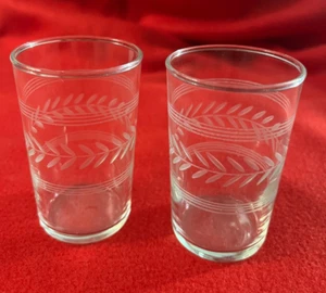 Pair Vintage MCM Clear Juice Glasses Etched 3½" Tall - Picture 1 of 4