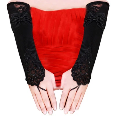 Women Party Bridal Wedding Fingerless Lace Stretch Satin Bowknot Gloves US - Image 1 of 4