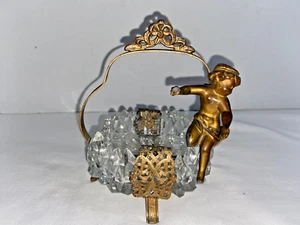 Vintage Brass/Bronze CHERUB ANGEL Figure SCULPTURE CUT GLASS Candy Dish W/Handle - Picture 1 of 13
