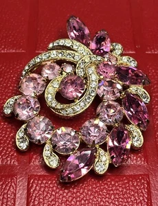 Broche Eisenberg Vintage Rosa Hielo Diseño Remolino con Estrás Navette Tono Dorado - Imagen 1 de 11