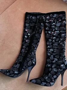 ROBERTO CAVALLI Kniehohe Stiefel schwarz Samt Pailletten verziert 37 Italy - Bild 1 von 15