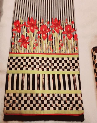 Mackenzie Childs Red Poppies / Courtly Check / Stripe 72" Table Runner - Image 1 of 4