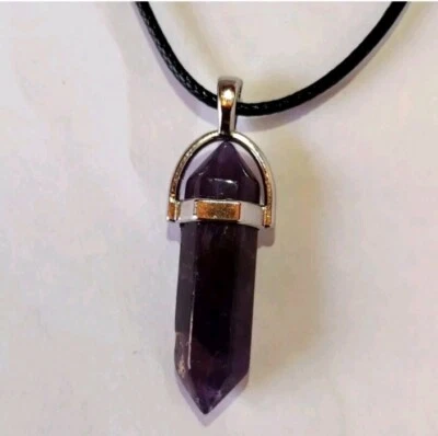 全新带标签 美丽波西米亚深紫水晶子弹 水晶吊坠 皮革绳... — 第 1/4 张图片