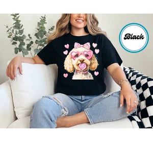 Women's White Doodle Dog Valentines Day Shirt Trendy Dog Graphic Tee - Picture 1 of 9