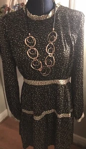 Hem and Thread Womens Black Brown and Ivory Ditsy Floral Knee Length Dress L - Picture 1 of 4