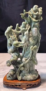 19TH C SOLID JADE HAND CARVED KUAN YIN STATUE ON LOTUS W/ DRAGON & BUDDHA KIDS - Picture 1 of 23