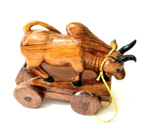 Antique vintage teak wood pull toy raging bull Nandi on platform with wheels. - Picture 1 of 14