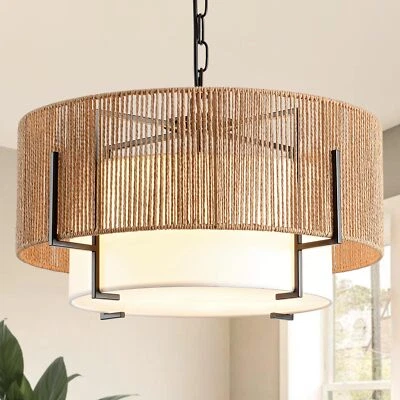 4-Light Rattan Chandelier 19.7" Boho Pendant Light with Fabric Shade Farmhous... - Image 1 of 4