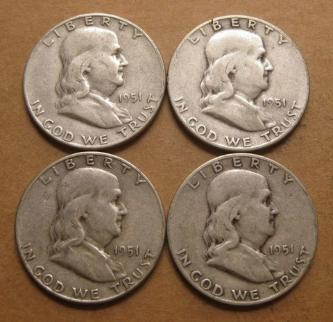 1951-S 90% Silver Franklin Half Dollars - San Francisco - Circulated - Lot of 4 Cover