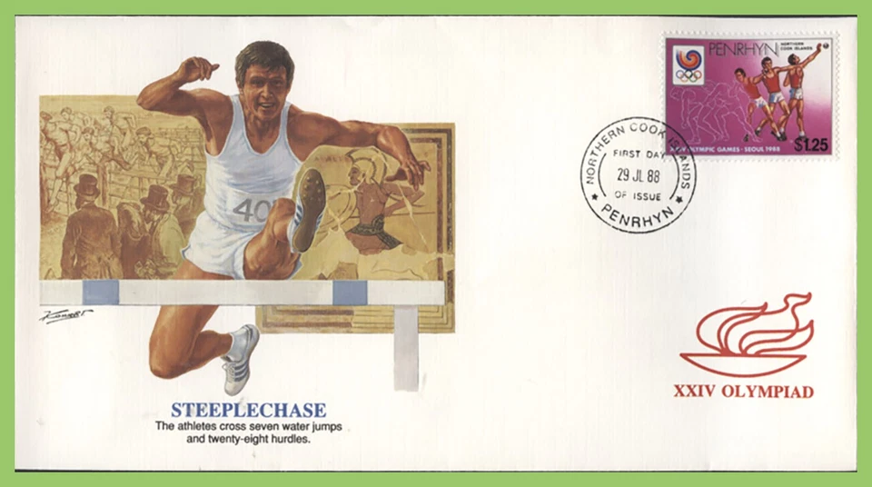 Penrhyn 1988 $1.25 Olympic Short Put stamp on First Day Cover` - Image 1 of 1