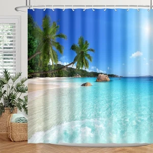 Ocean Beach Shower Curtain Blue Sky Tropical Sunshine Sand Sea Wave Plam Tree... - Picture 1 of 9