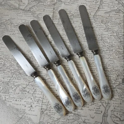 ODIOT 6 Couteaux Nacre Anciens XIXè Monogramme MC Couteaux A Fromage - Photo 1/4