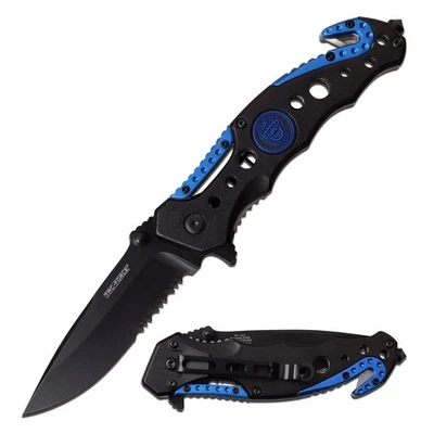 - Folding Pocket Knife – Black Partially Serrated Blade, Black and Blue Alumi... - Image 1 of 4