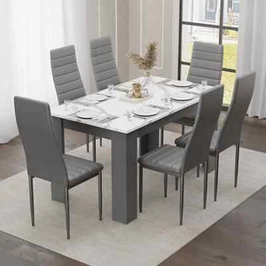 Wooden Dining Table Set With 4 / 6 Pu Leather Chairs Seat Kitchen Room Furniture - Picture 1 of 73