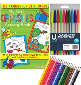 CHILDREN'S MY FIRST OPPOSITES LEARNING COLOURING ACTIVITY BOOK  PENCILS AGE 3-4 - Picture 1 of 20