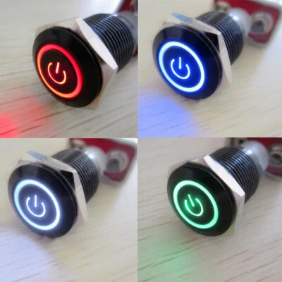 12V KFZ Schalter Drucktaster Φ16mm/19mm Druckschalter LED Beleuchtet Schwarz - Bild 1 von 4