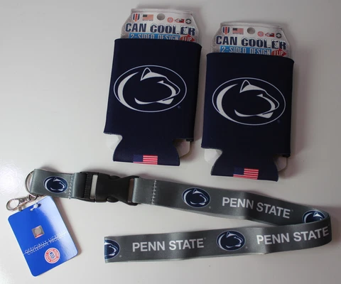 Penn State Nittany Lions NCAA Premium Lanyard + 2 Classic Can Coolers Cozies NEW Cover