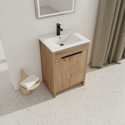 Mueble de almacenamiento de tocador de baño independiente de madera de 24" + fregadero de cerámica de montaje inferior Foto 1 de 4