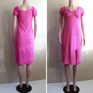 Pin Up Retro Pink Knit Slip Dress 12 L Peasant Cap Sleeve Bodycon Y2K Floral - Picture 1 of 8