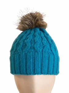 L.L. Bean KIDS Plush Fleece Lined Cable Knit Hat With PomPom Dark Teal Green - Picture 1 of 7