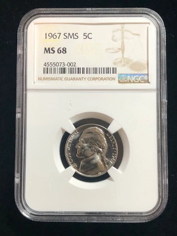 1967 SMS Obverse Special Mint Set Jefferson Nickel NGC MS 68 Bright White Coin Cover