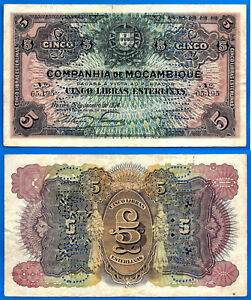Mozambique 5 Libras Sterling 1934 Cancelado Livre Mocambique Free Ship Wrld