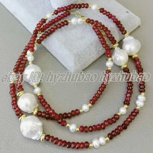 32" 2x4mm Faceted Red Ruby Gems Roundel White Keshi Baroque Pearl Beads Necklace - Picture 1 of 4