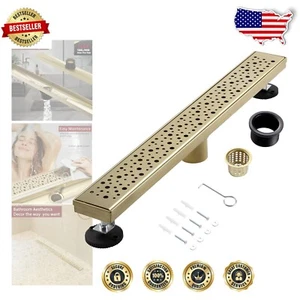 Elegant 32” Brushed Gold Shower Drain with Anti-Clogging Design & Easy Install - Picture 1 of 9