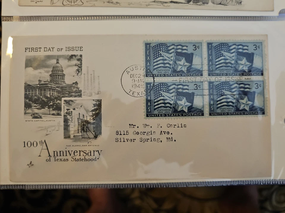 1945 100yr Anniversary Of Texas Statehood, Scott 938, Block Of 4 3c Stamps FDOI - Image 1 of 1