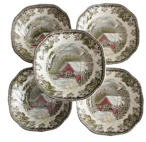 Johnson Bros Friendly Village 5 Square Cereal BOWLS The Covered Bridge ENGLAND - Picture 1 of 7