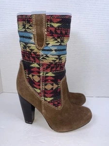 Mia Explorer Brown Leather Santa Fe Textile Boot 4" Heel Size 8 (S411) - Picture 1 of 10