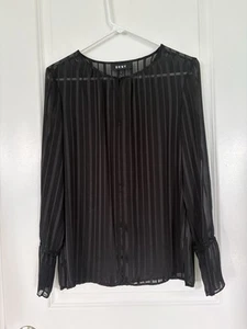 DKNY Langarmbluse mit Schlüssellochausschnitt selbst gestreift schwarz Neu XS - Bild 1 von 4