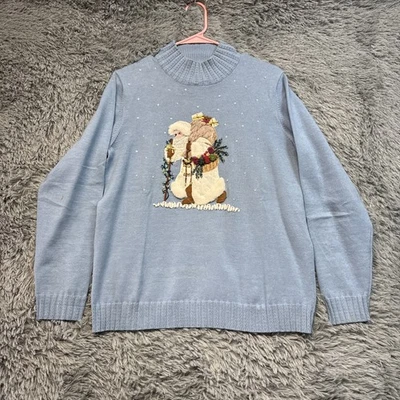 Vtg Quaker Factory Sweater Women S Blue Sequin Christmas Santa Holiday - Image 1 of 4