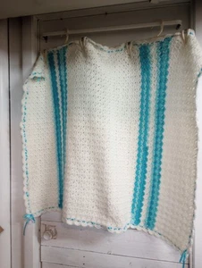 Vintage Blue & White Ruffle Hand Crochet Crocheted Baby Blanket 36" X 40" Ribbon - Picture 1 of 8