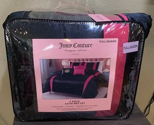 Juicy Couture schwarz Satin/Hot Pink Samt FULL/QUEEN Set Bettdecke, Kissenbezüge, Kissen - Bild 1 von 6